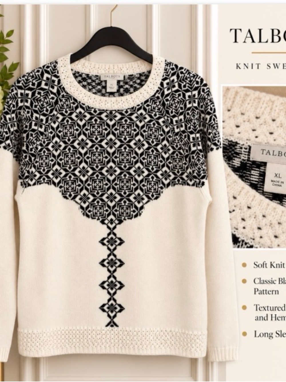 Talbots Cream and Black Geometric Yoke Sweater | Size XL